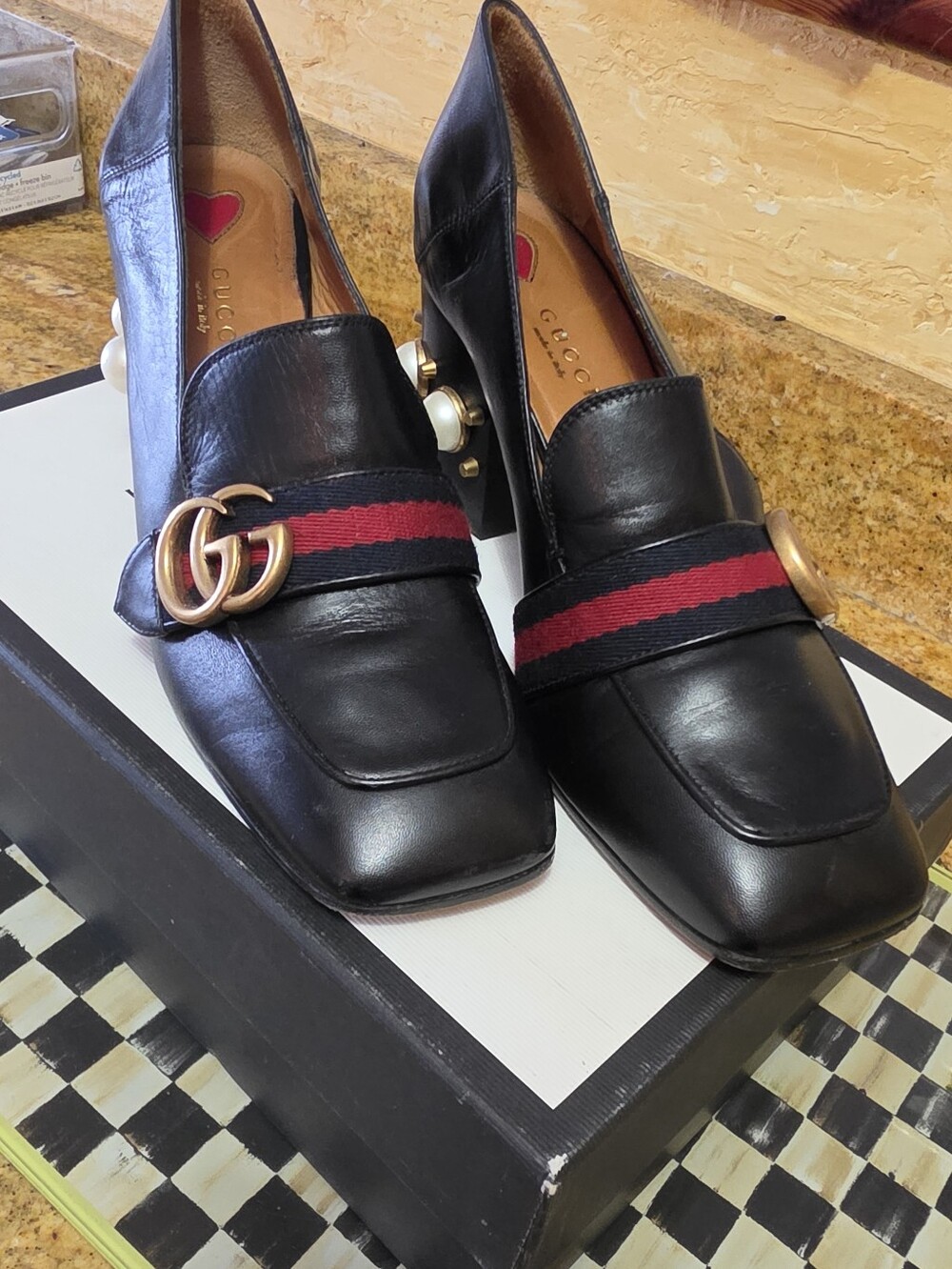 GUCCI Peyton GG Marmont heels with faux pearls